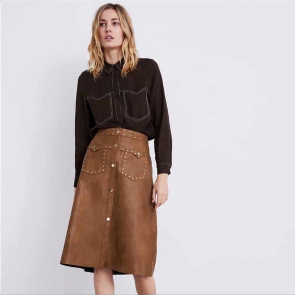 Zara studded waist faux leather midi skirt